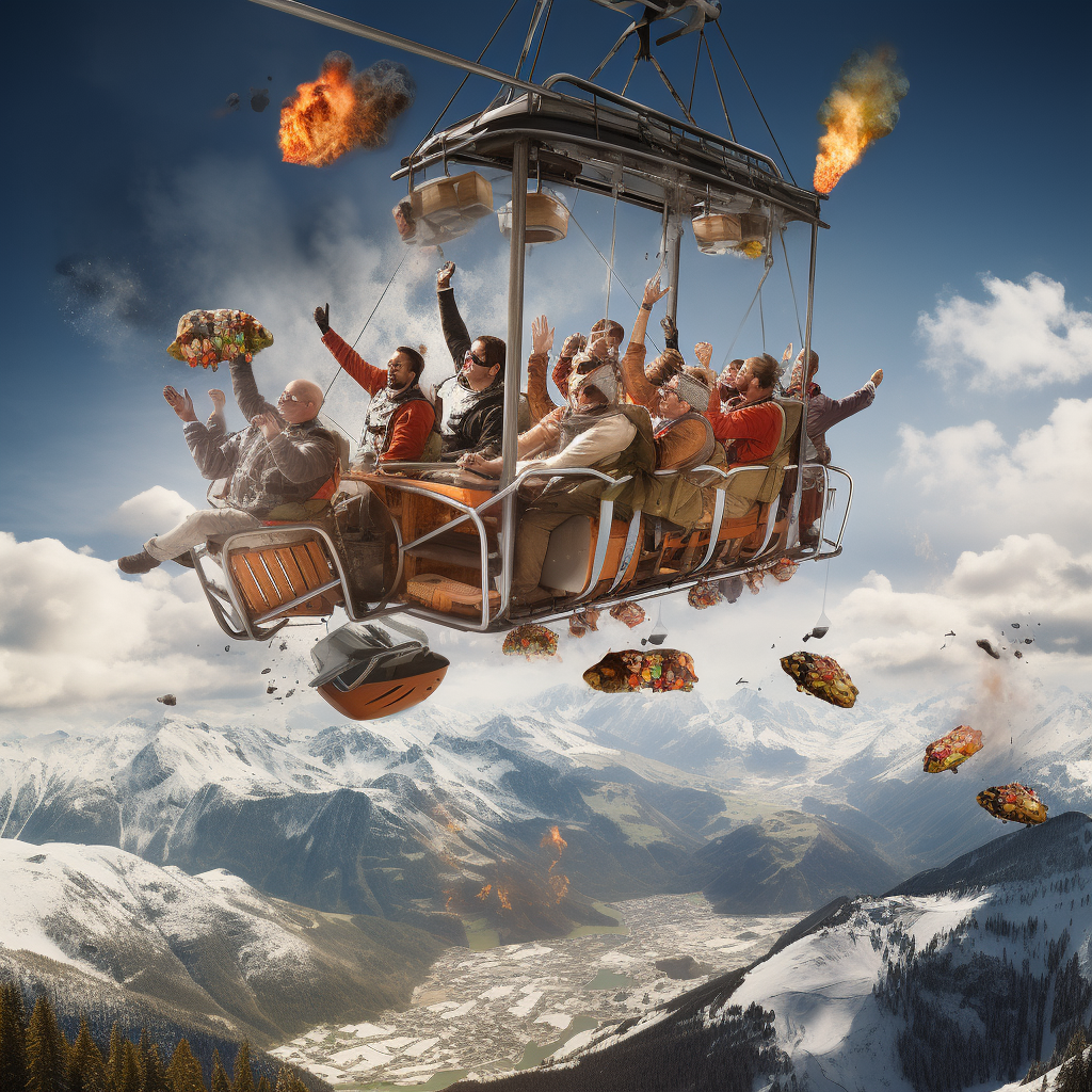 Barbecue flying over ski lift