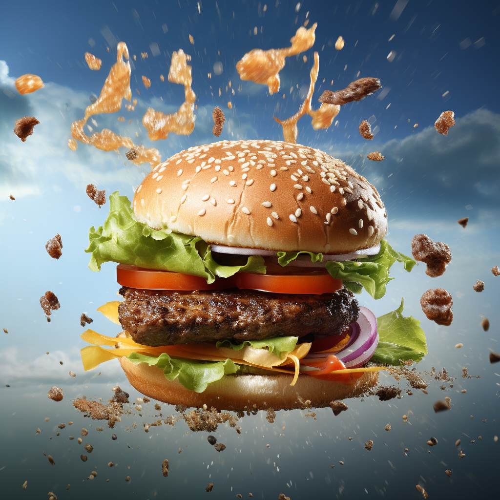 Beef burger ingredients falling into the bun