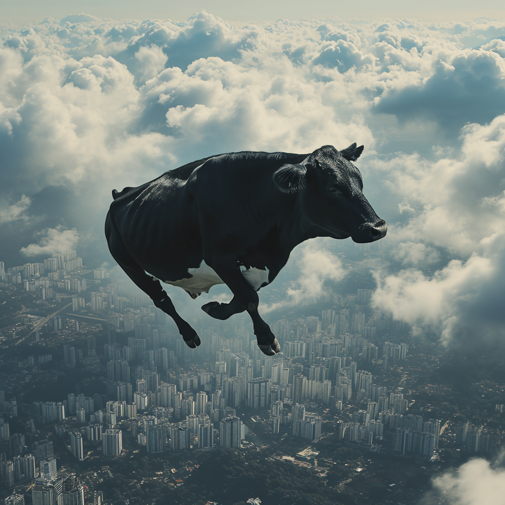 Flying black cow in Brazil's city skyline