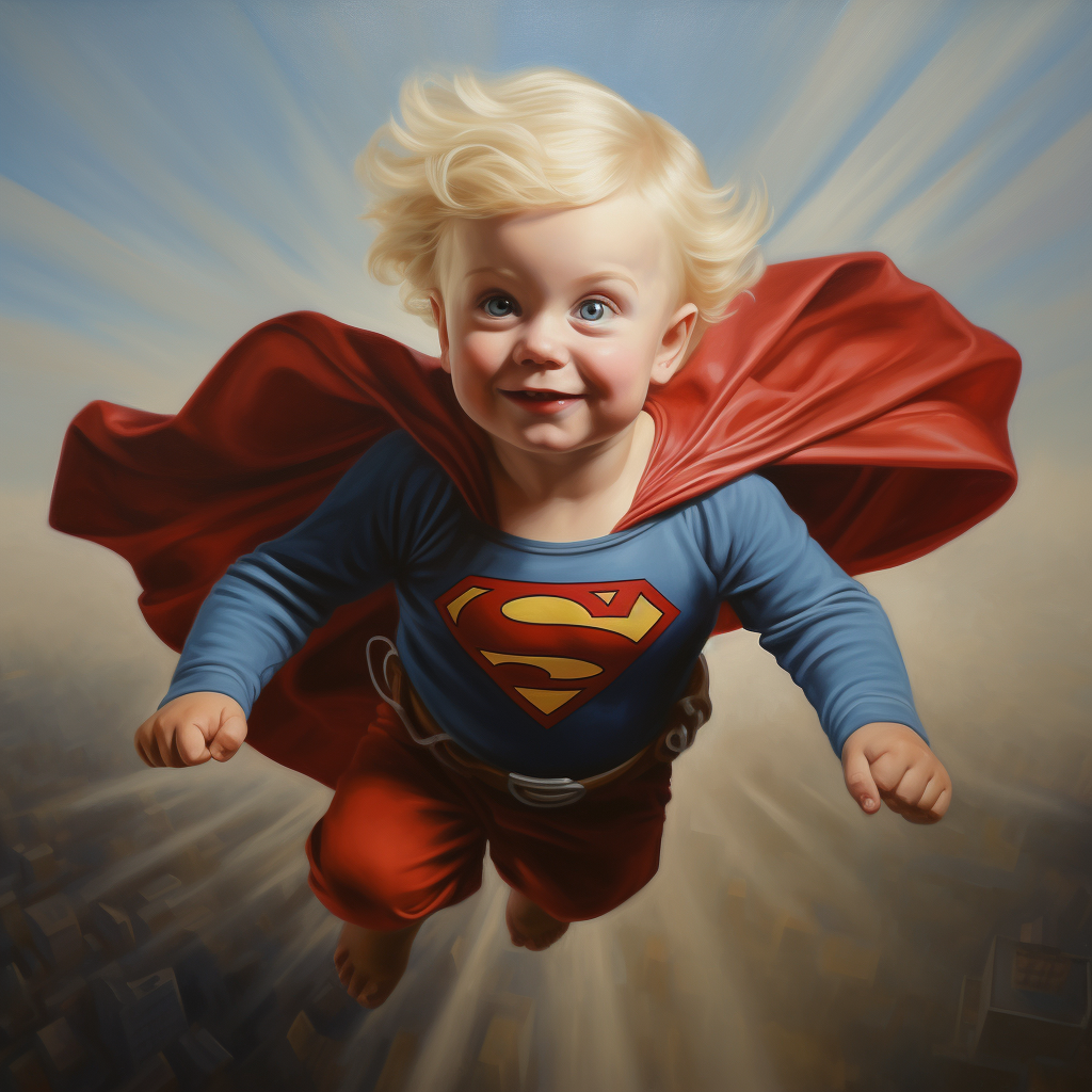 Superman baby flying through the sky