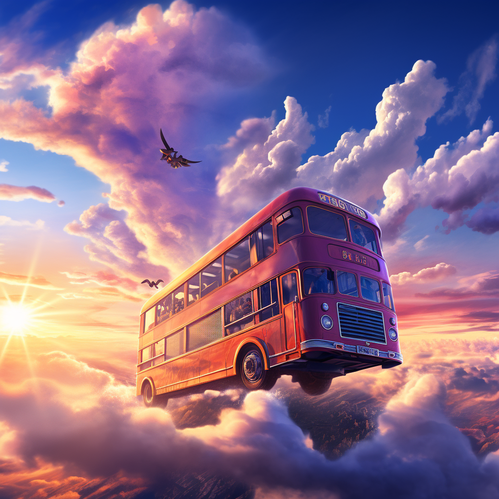 Bus flying at sunrise