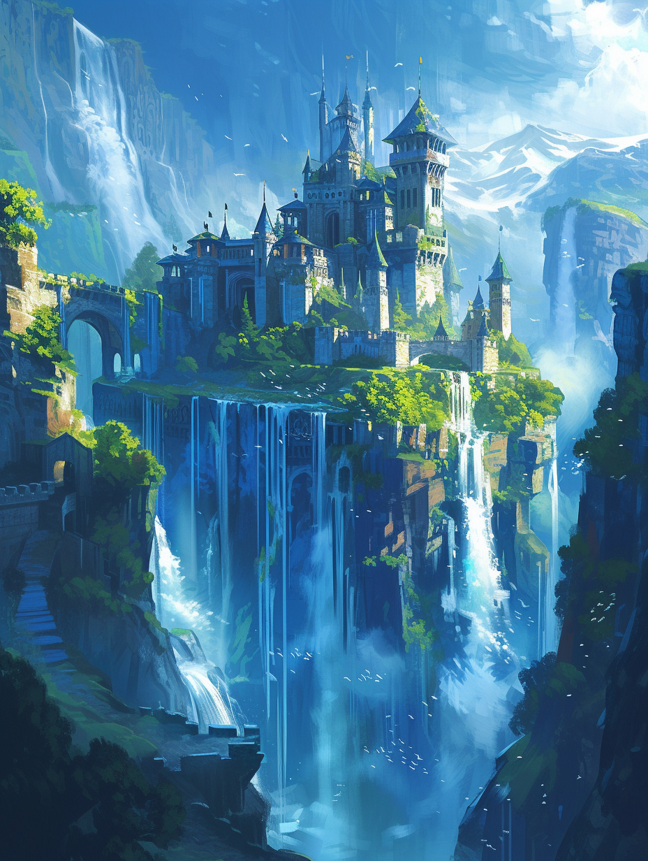 Flying Castle Waterfalls Walls Towers Long Shot Blue Shades Illustration