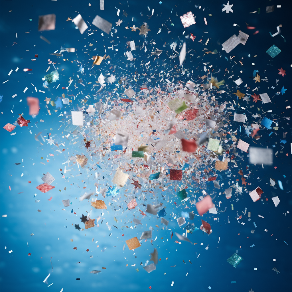 Colorful flying confetti with snow crystal on blue background