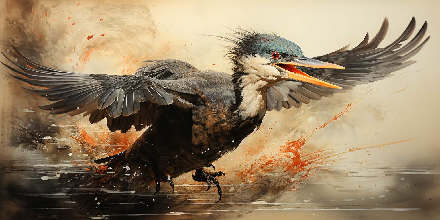 Flying cormorant catches fish in beautiful ciematic lighting