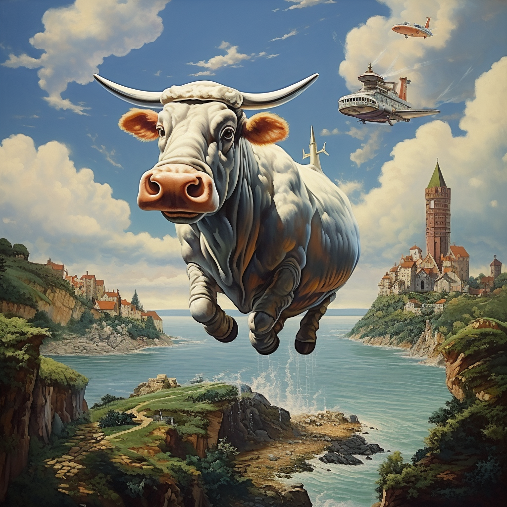 Cow flying over an island