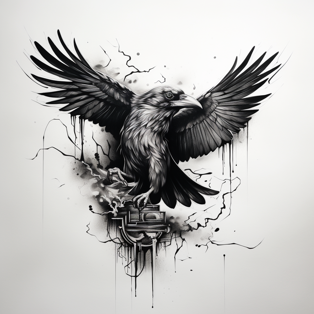 Flying crow tattoo design on white paper