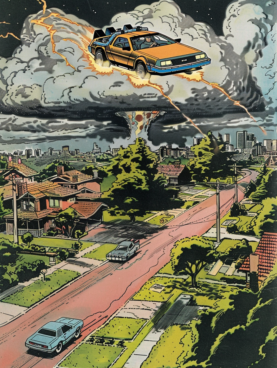 Comic Delorean Flying Suburbs Art