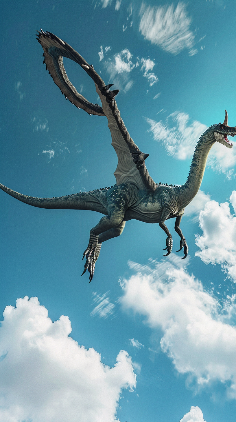 flying dinosaur long horns sky