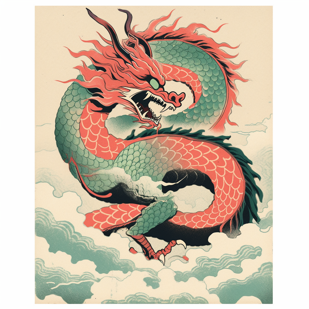 flying dragon retro flat riso print