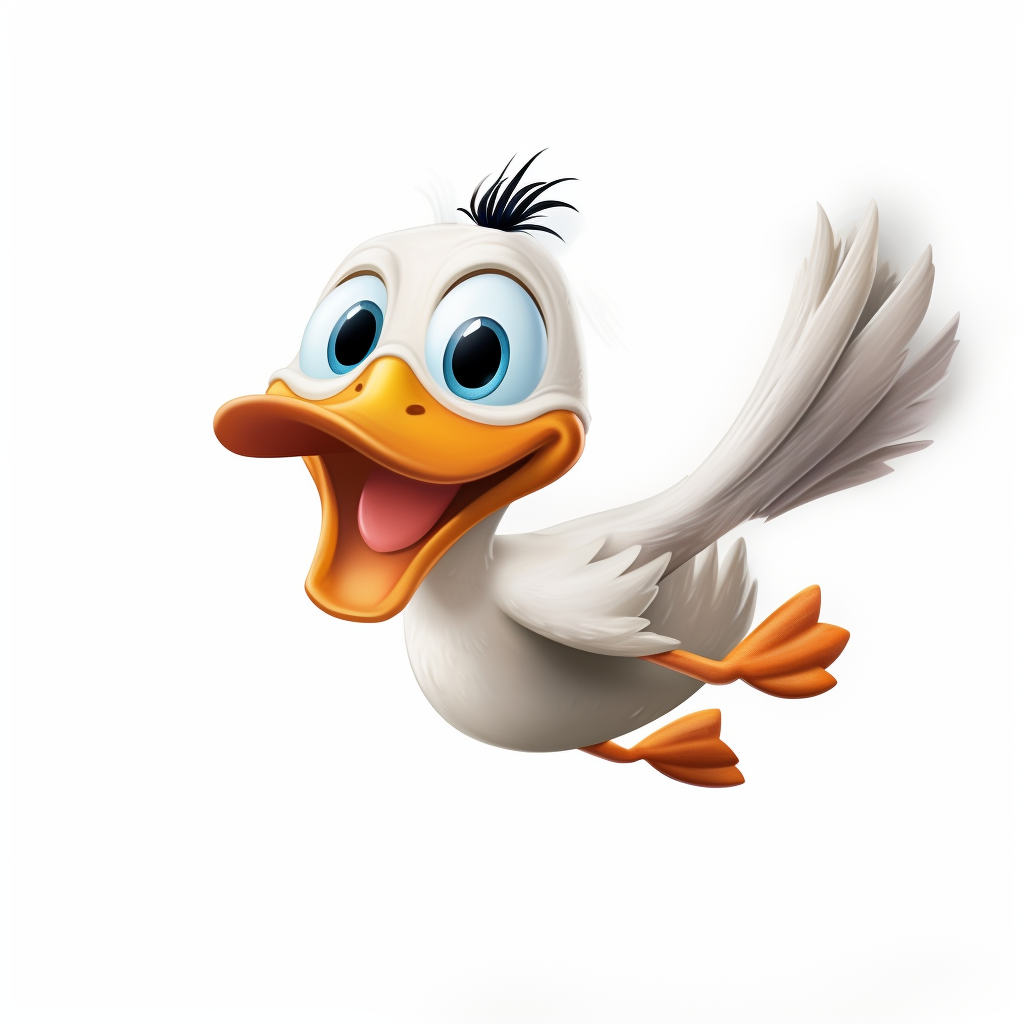 Adorable flying cartoon duck with branch