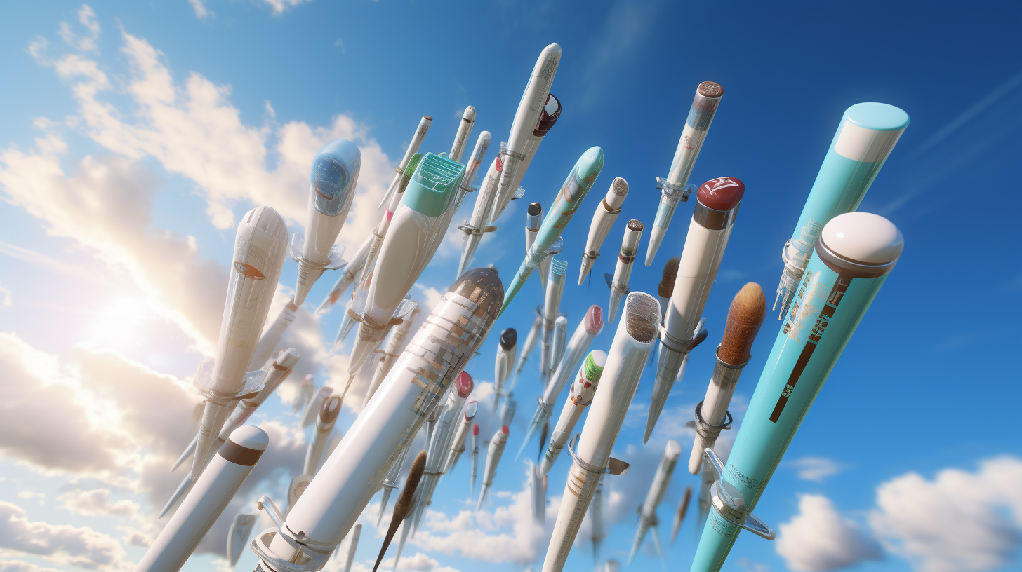 Electric toothbrushes flying in midair