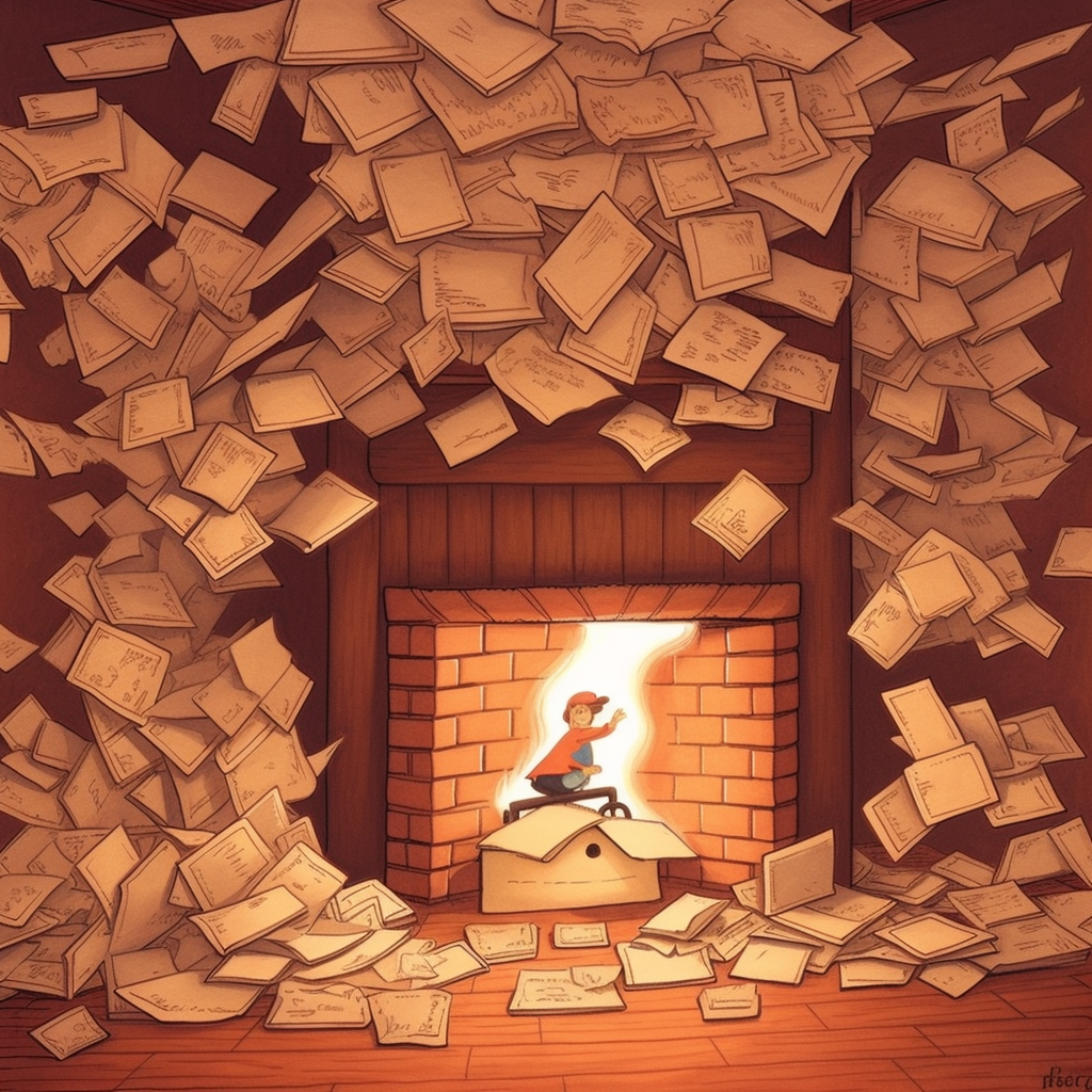 Cartoon-style envelopes flying from unlit fireplace