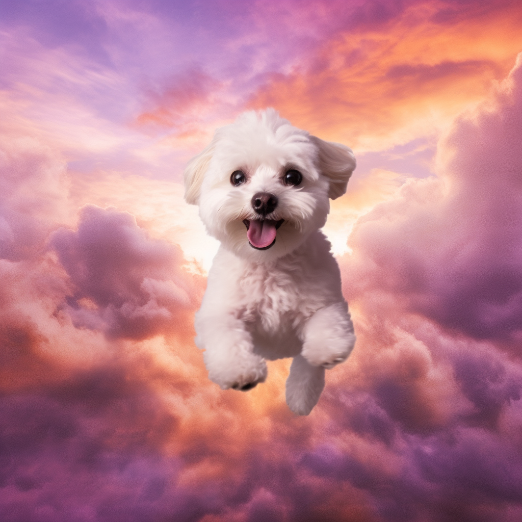 Adorable Maltipoo flying in a purple sky