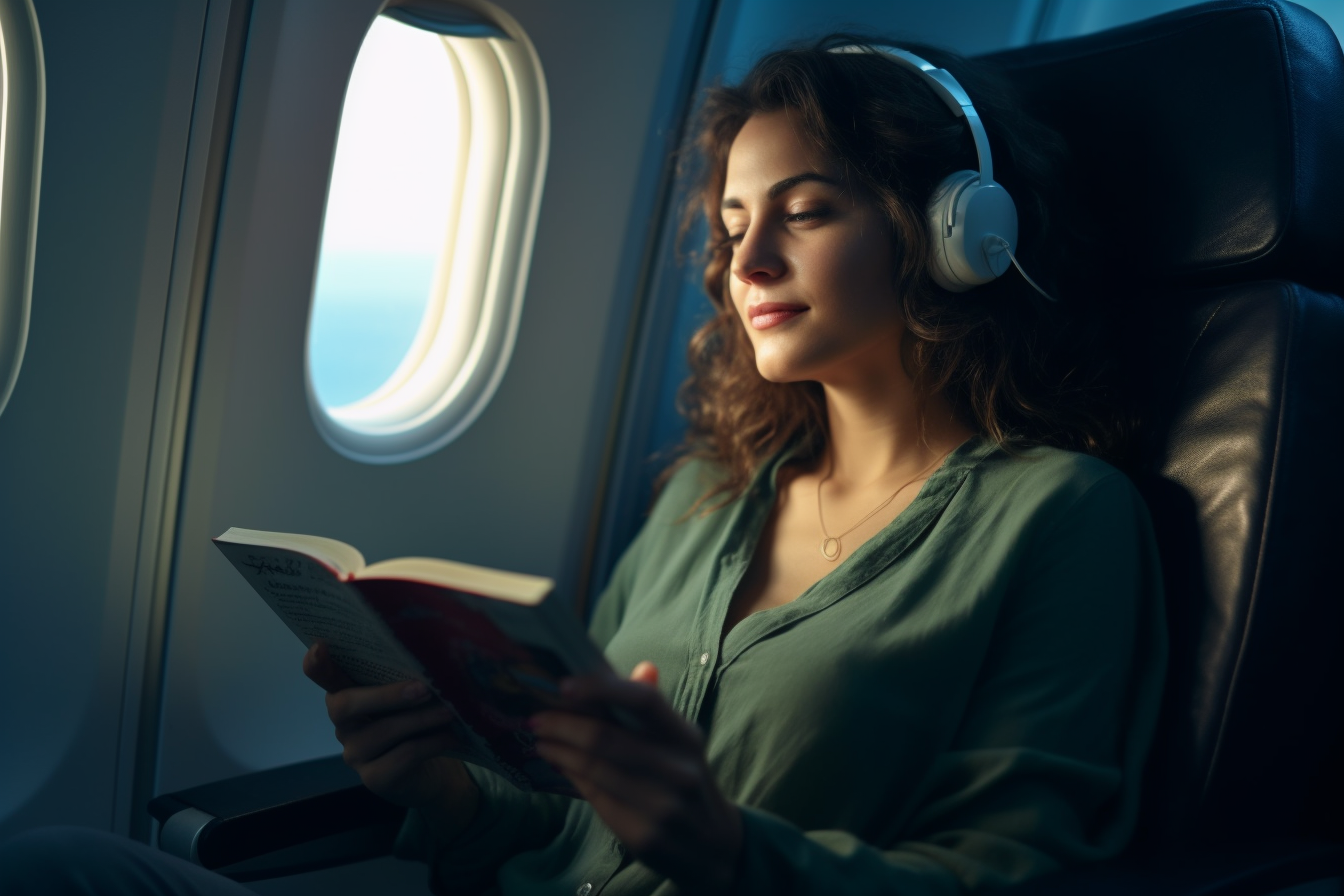 Anxious woman reading book on airplane