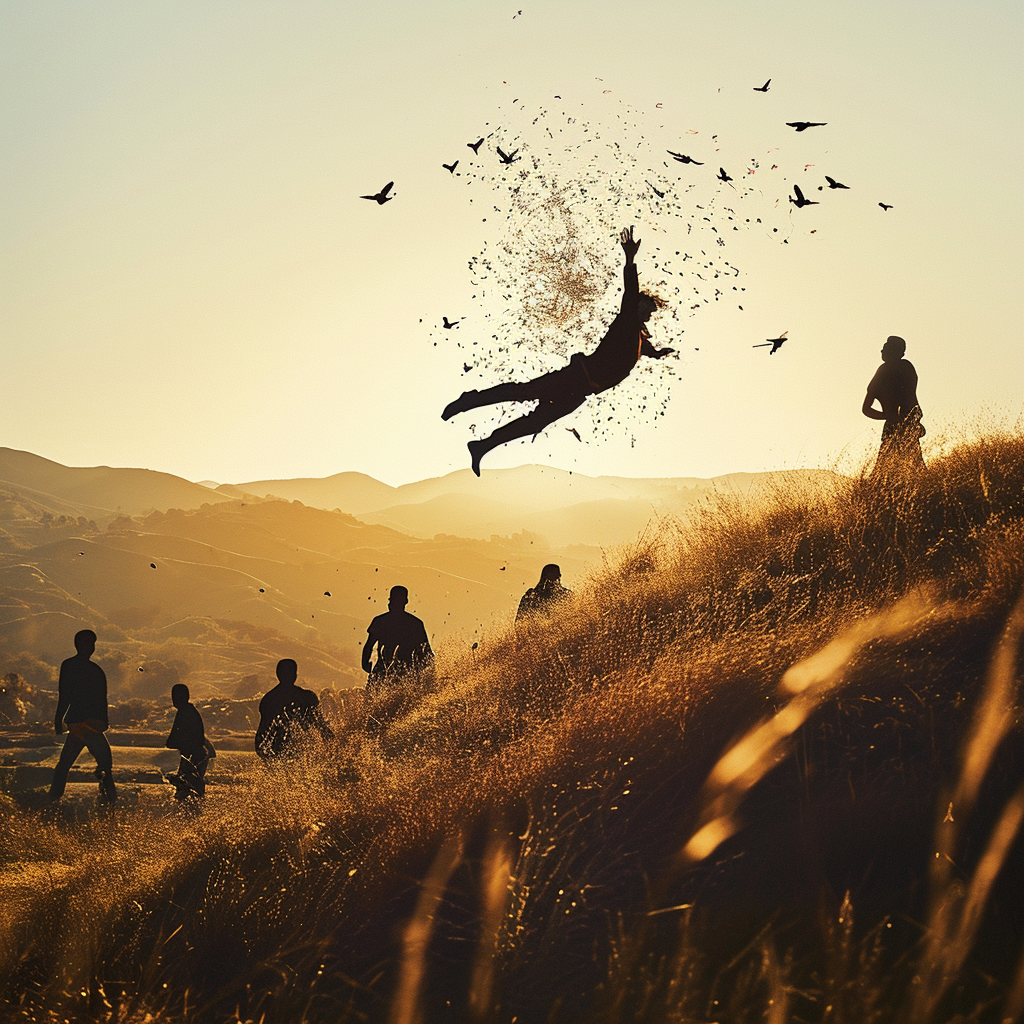 Group of people flying above grass hills in California