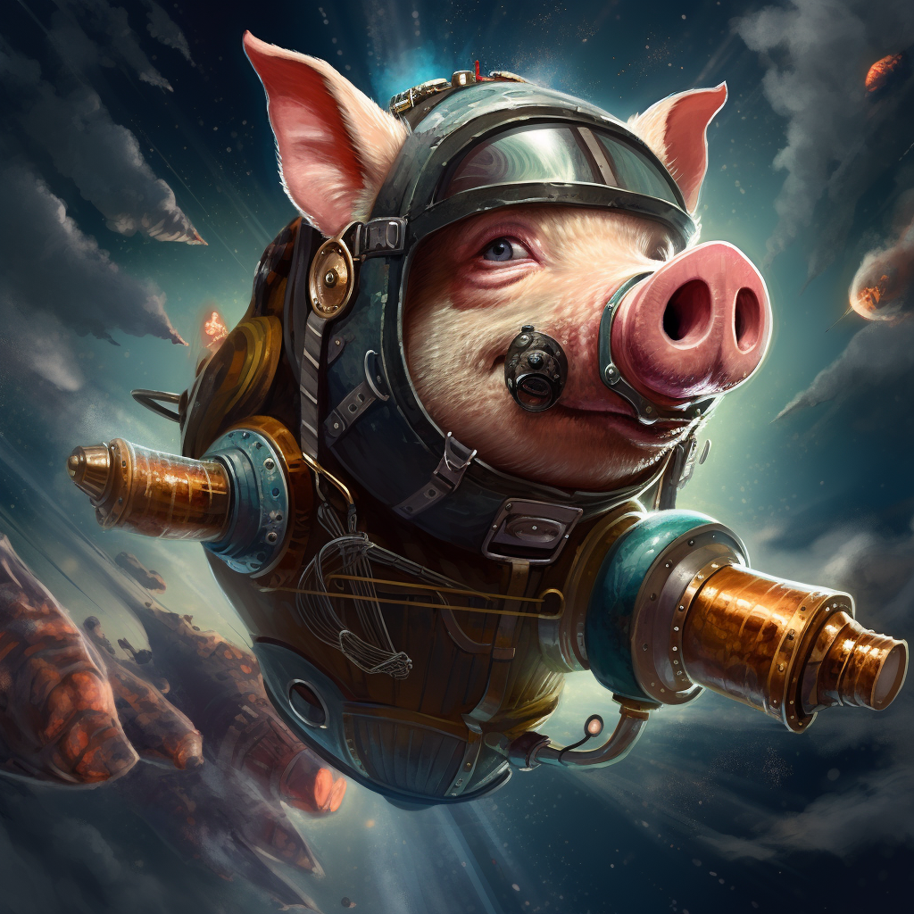 Adventurous pig wearing goggles flying on rocket