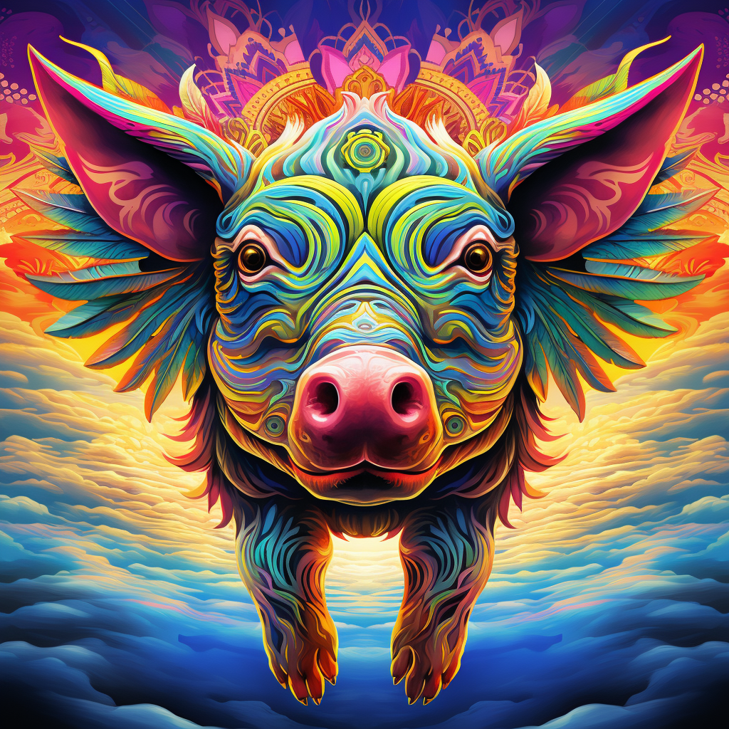 Colorful Flying Pig in Psychedelic Art