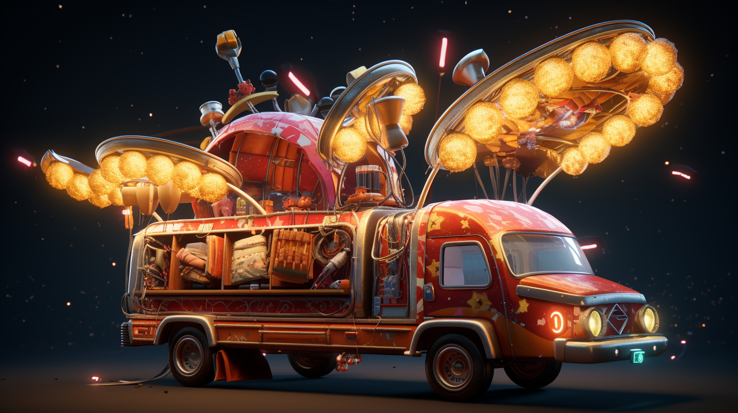 Stylized flying pizza delivery vehicle in lights