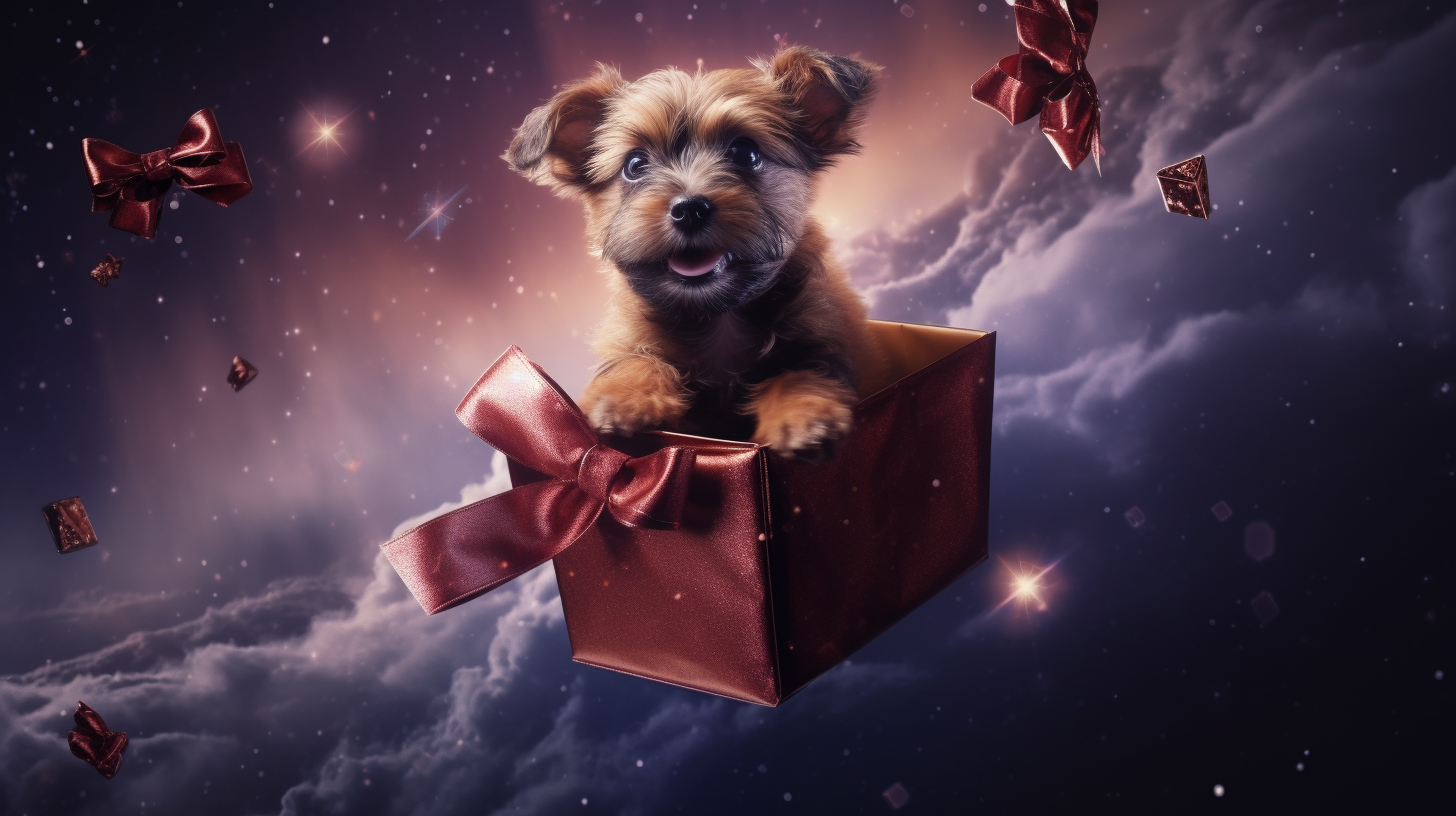 Cute puppy flying in a gift box