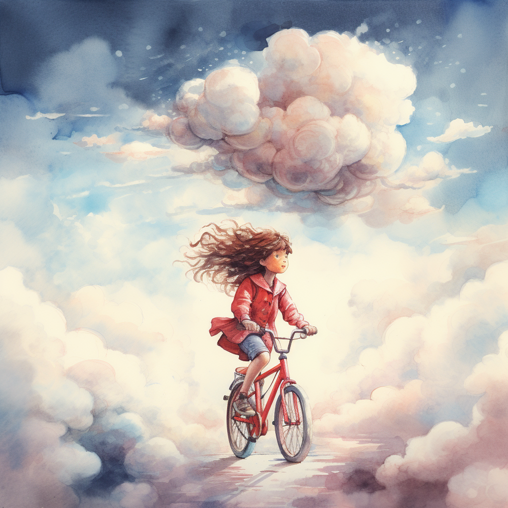 Little girl on a red bicycle in the clouds