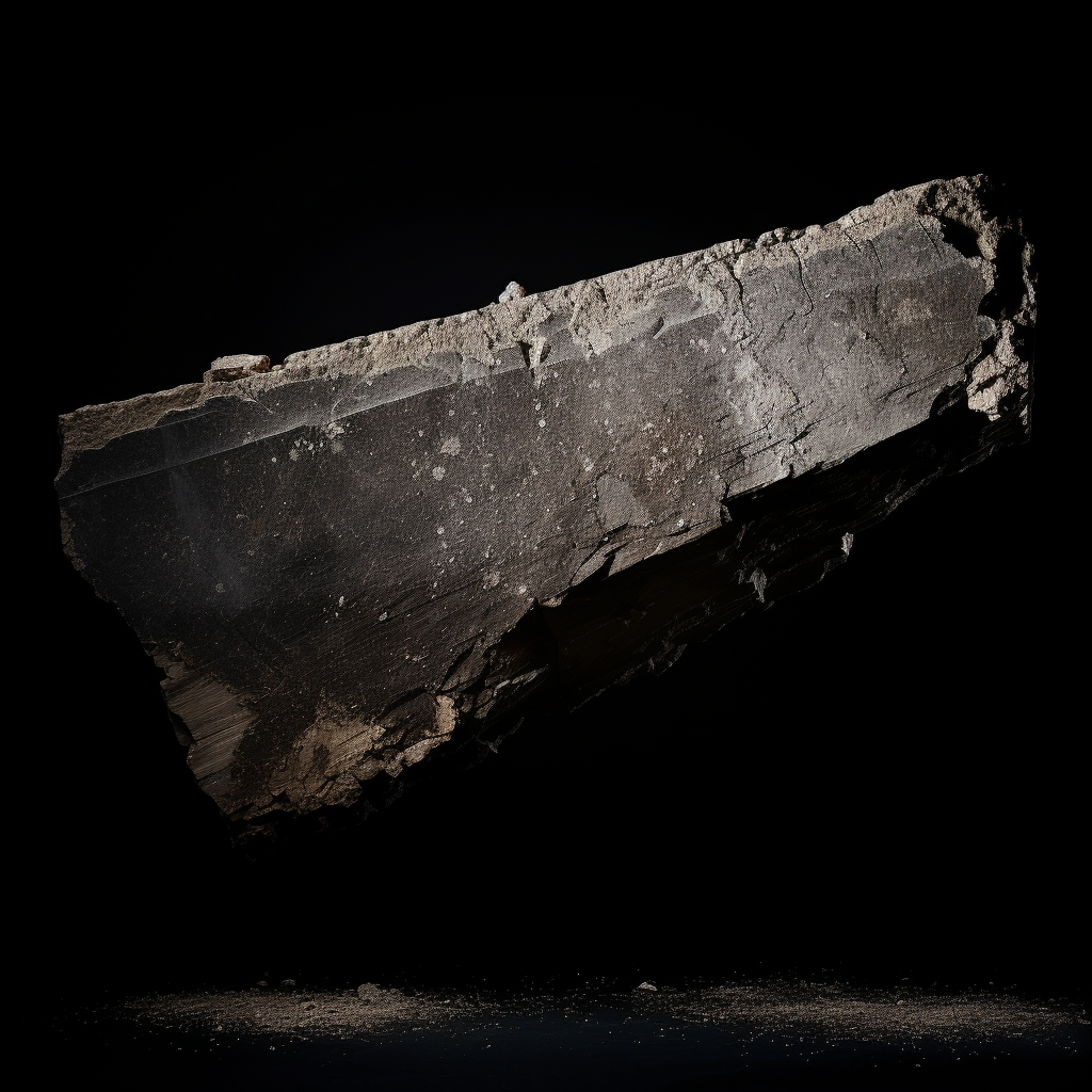 Flying reinforced concrete fragment on black background