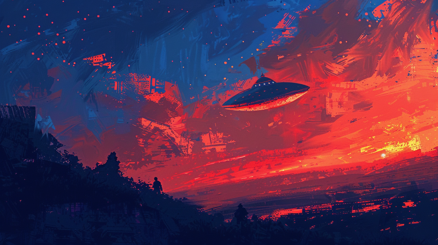 Flying saucer in red night sky