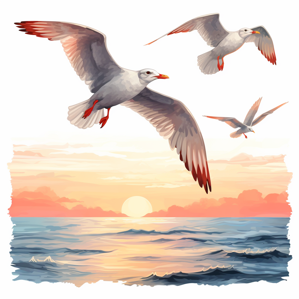 Majestic Seagulls Soaring at Sunset