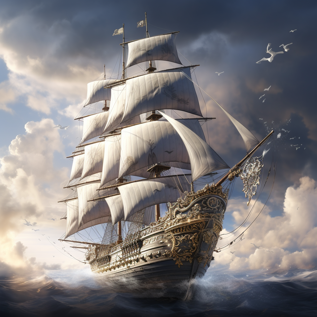 Flying ship with pirates sailing through silver clouds