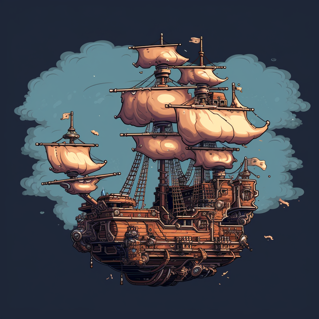 Pixel art of flying steampunk pirate ship