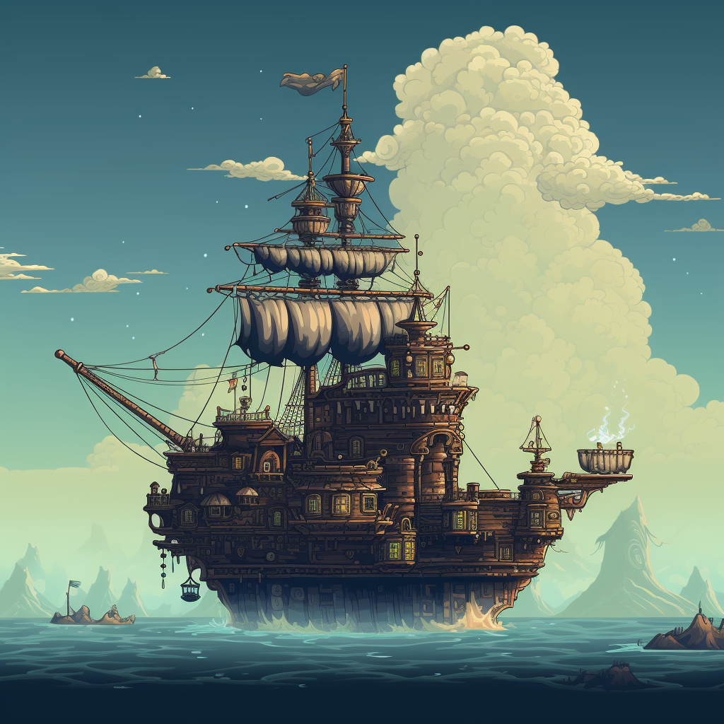 Pixel Art of a Flying Steampunk Pirate Ship