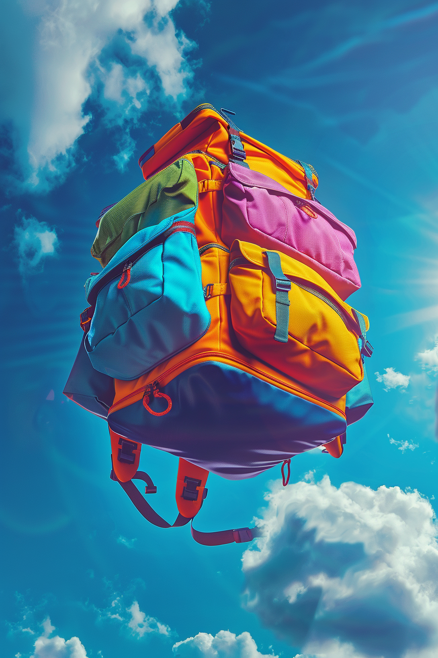 Colorful flying turning backpack sky