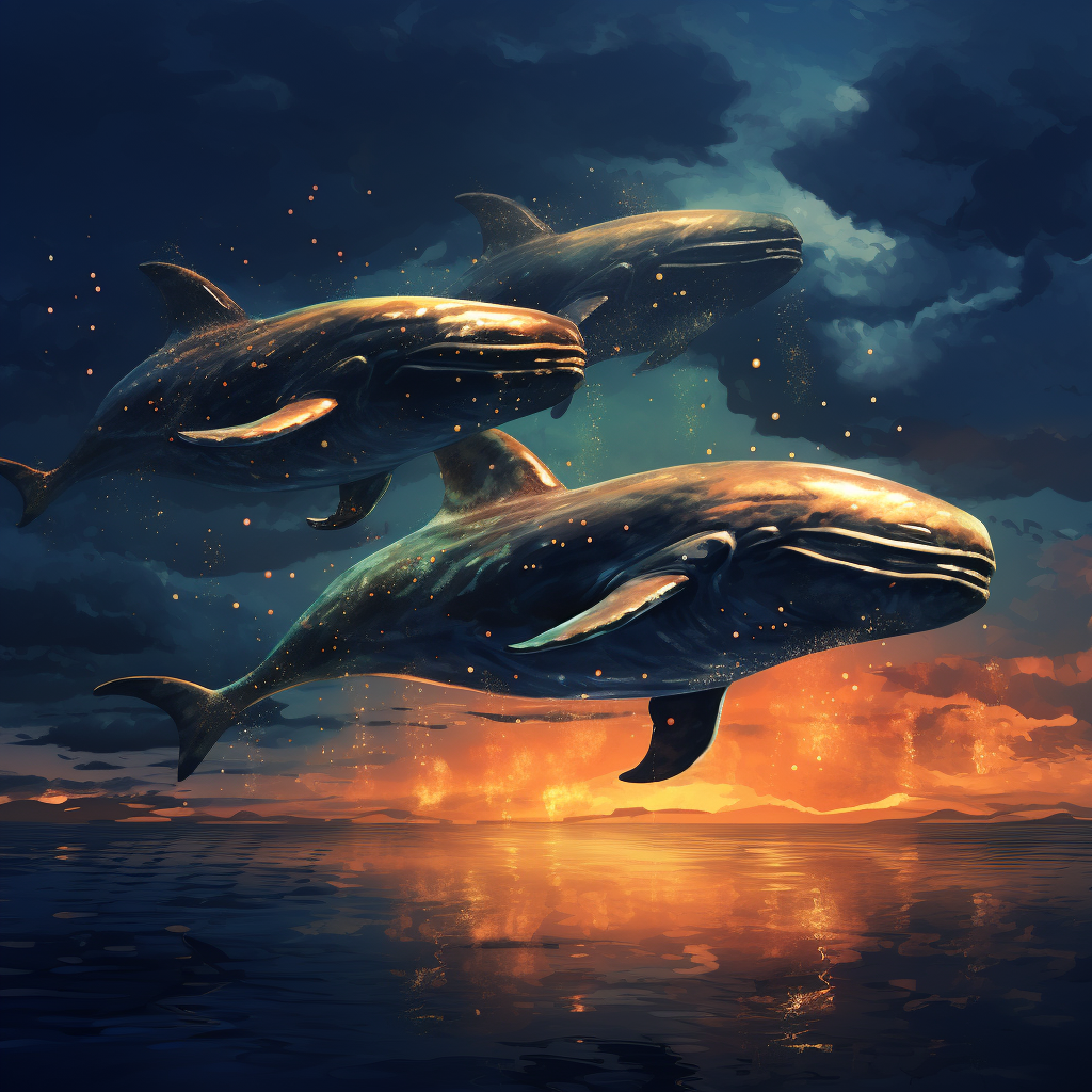 Whales soaring through the starry night sky