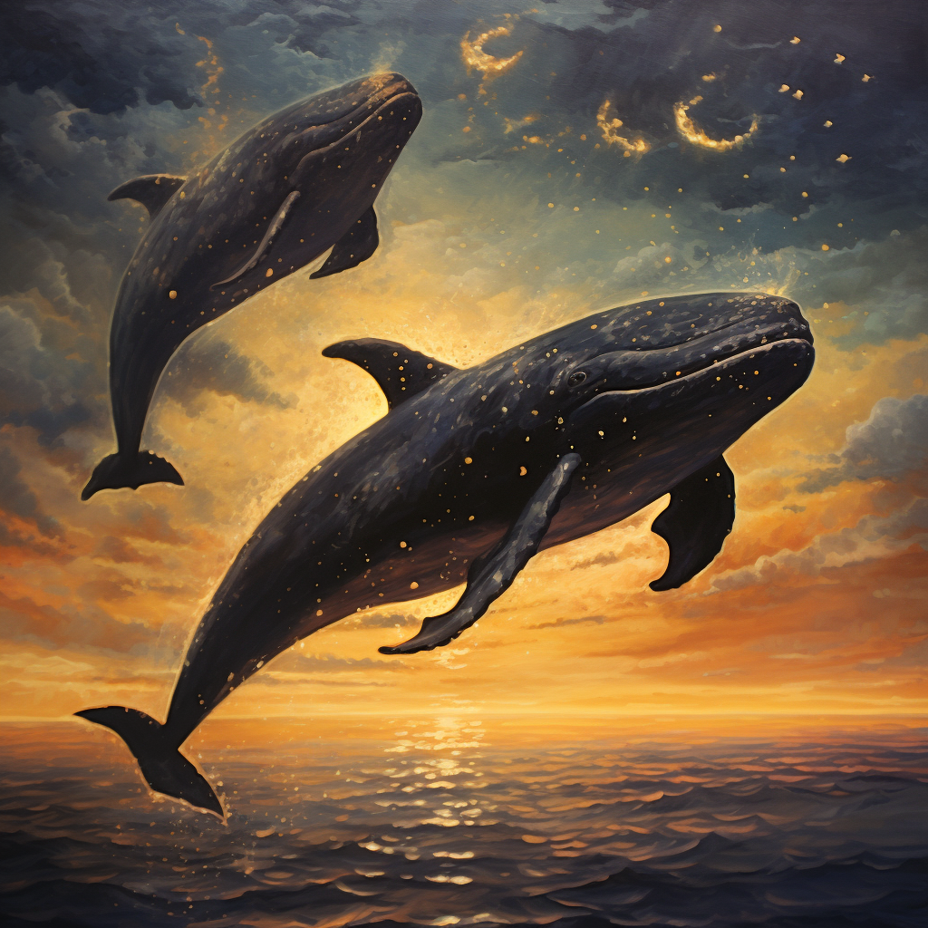 Whales flying in golden sunset sky