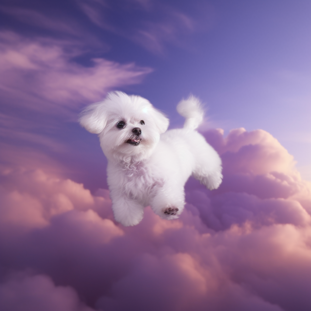 Side view of cute flying white Maltipoo