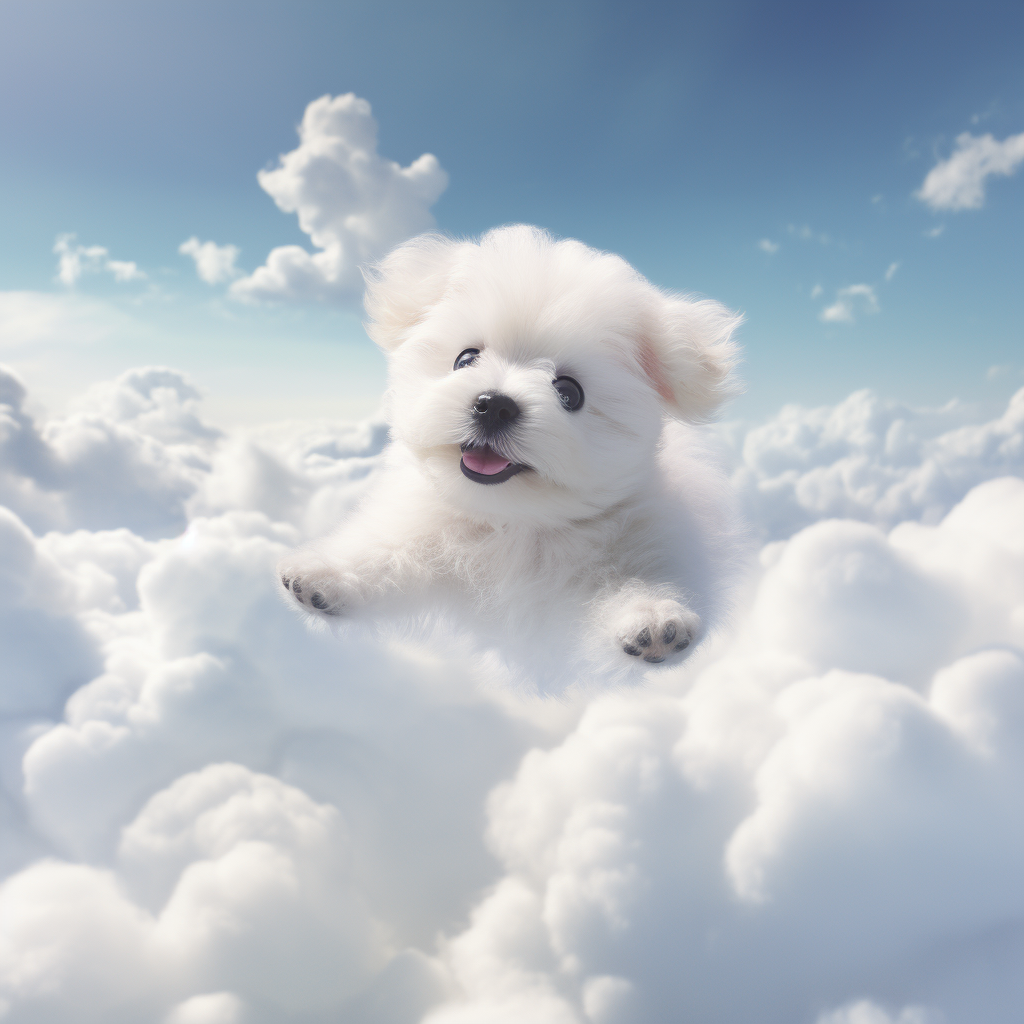 Cute white puppy flying in the sky