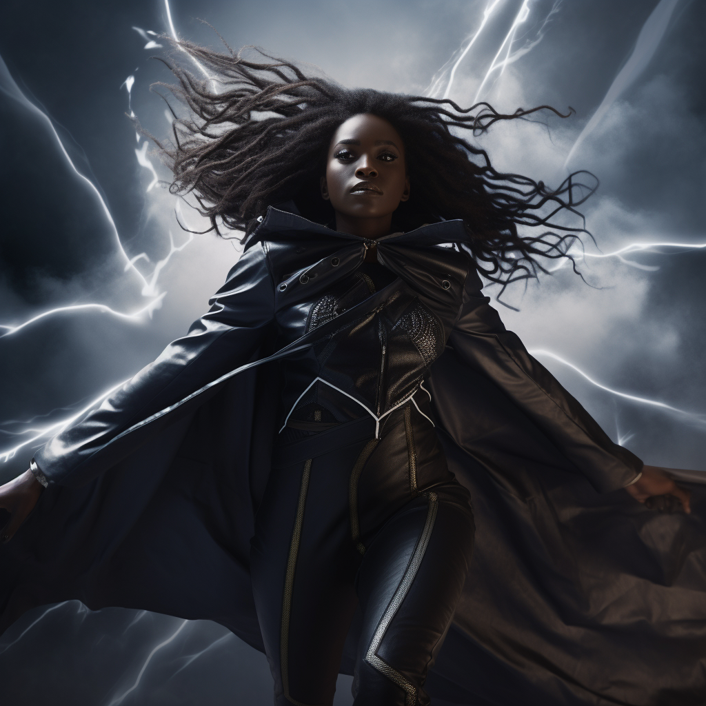 Black African Woman Flying in Thunderstorm