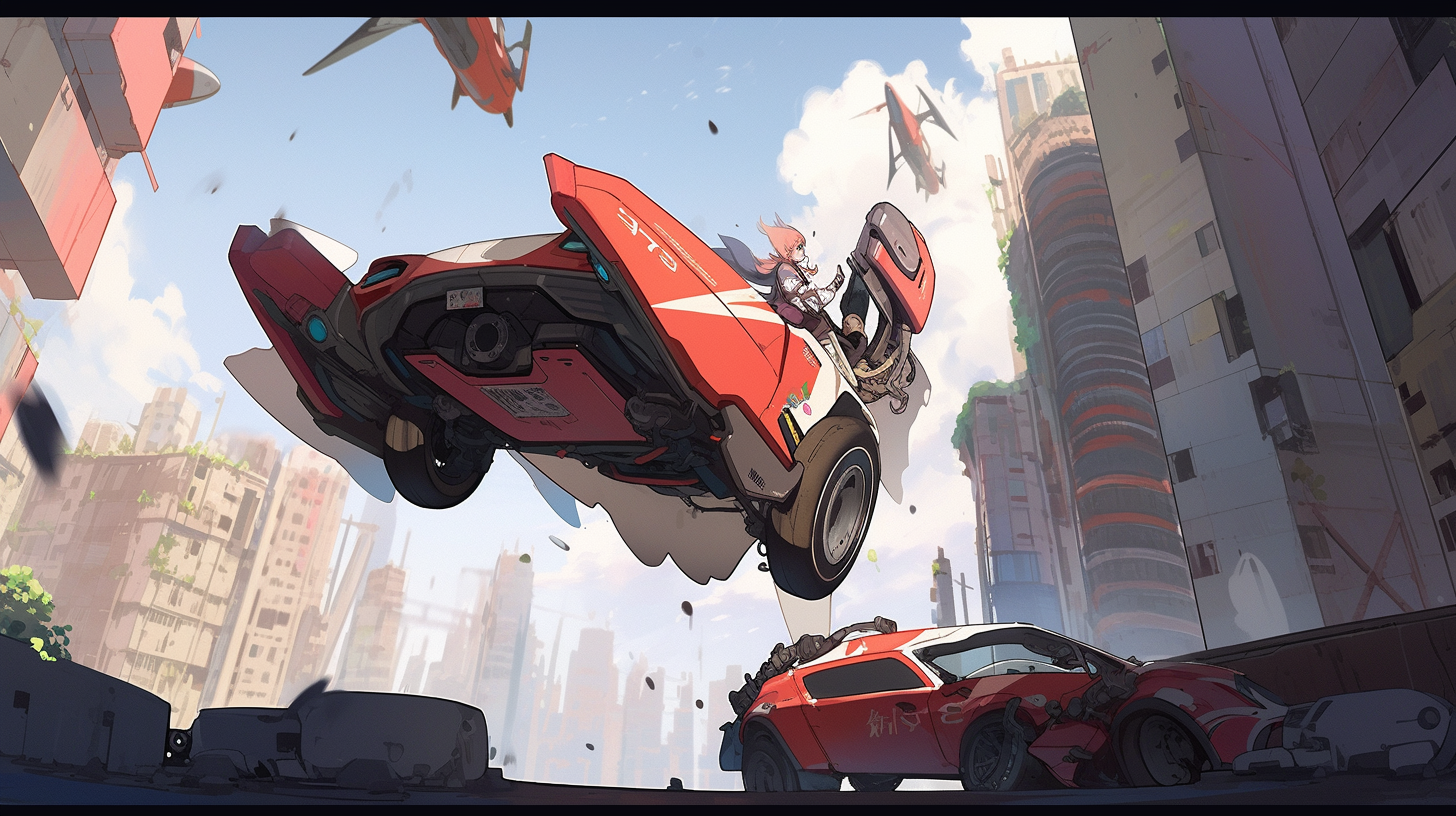 Futuristic flying car in urban landscape