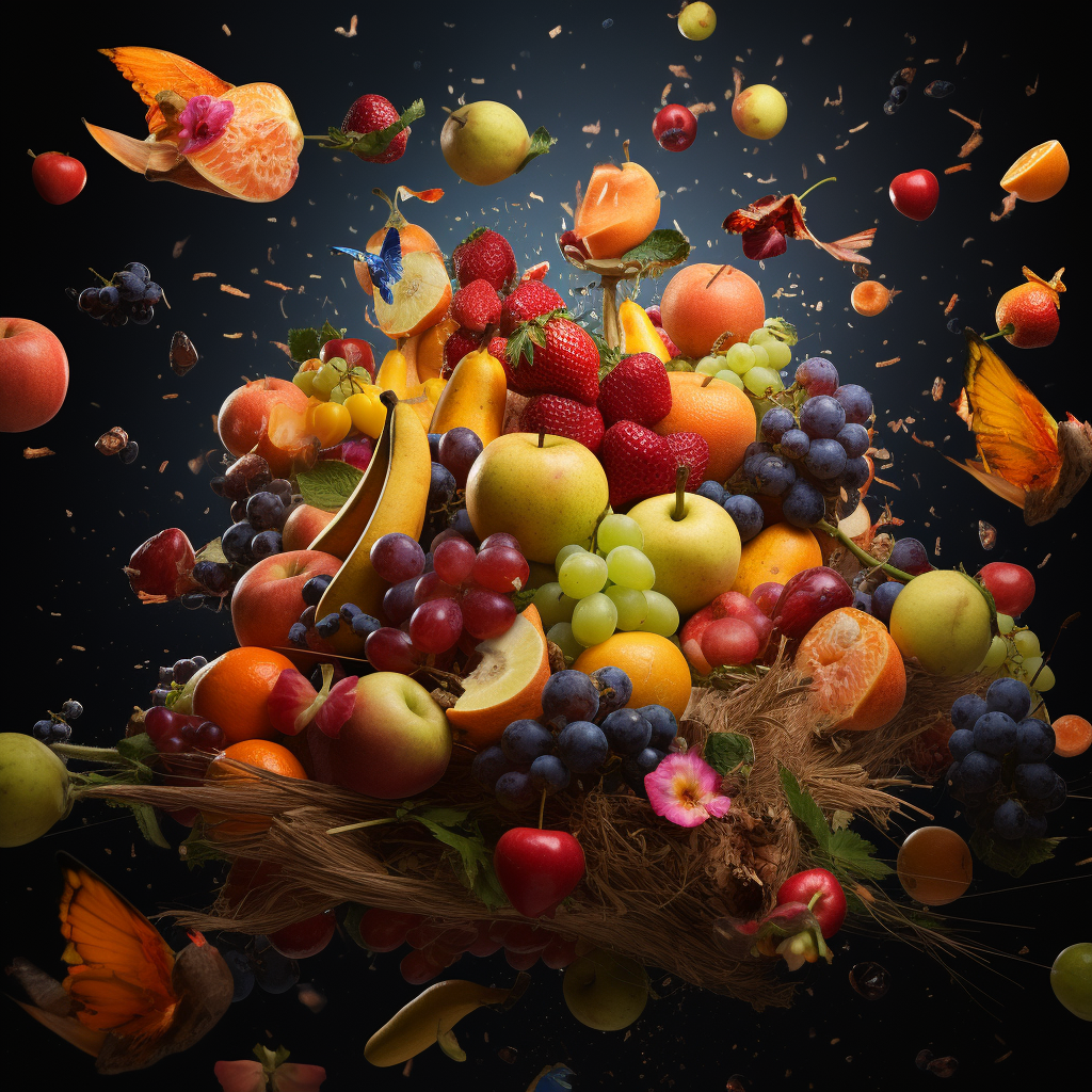 Fresh and vibrant flying fruits