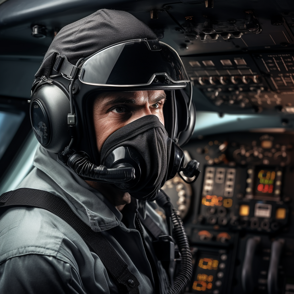 Detailed pilot flying a jet with mask