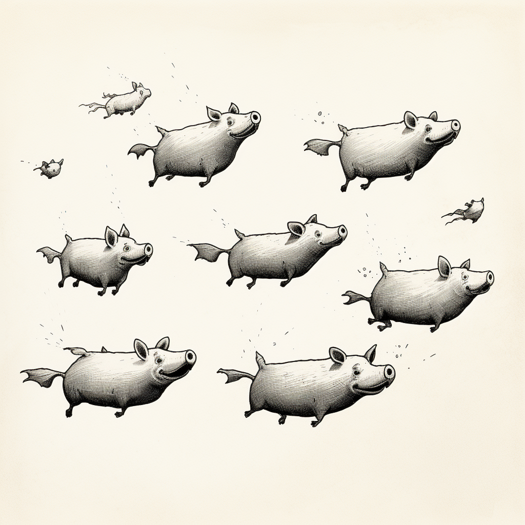 Whimsical flying pigs in black and white