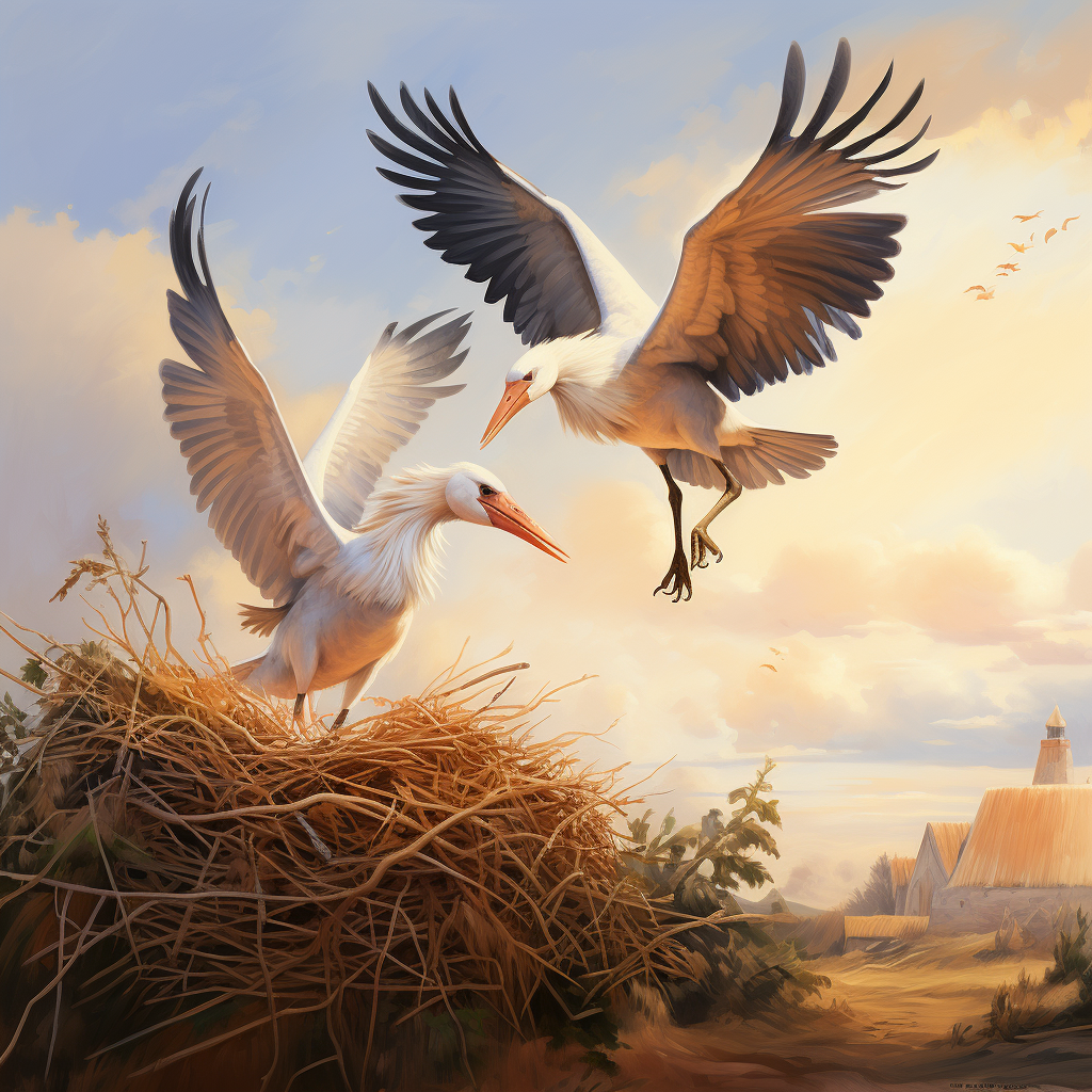 Beautiful flying storks returning to their nest