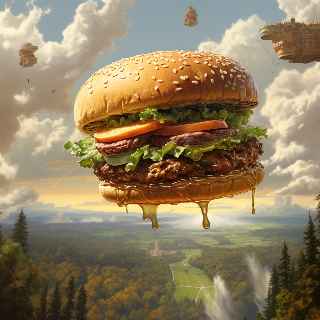 Vibrant flying veggie burger artwork