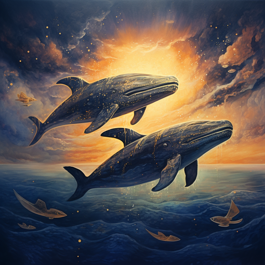 Three whales flying in the sky at sunset