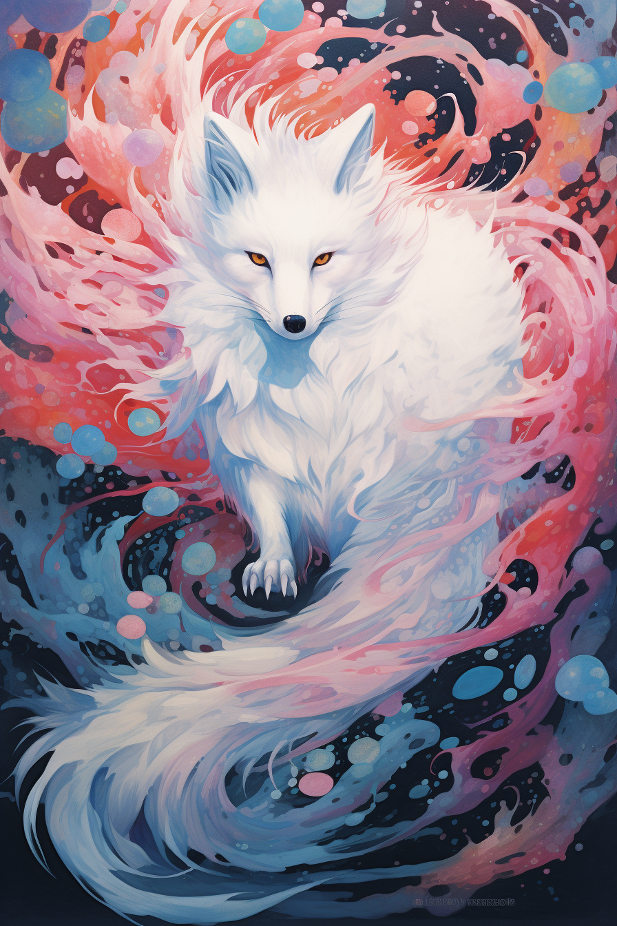 Illustration of a stunning flying white kitsune