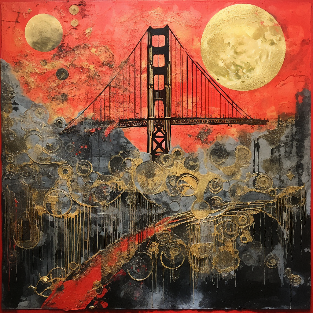 Surreal mixed media collage of fogbound Golden Gate Bridge