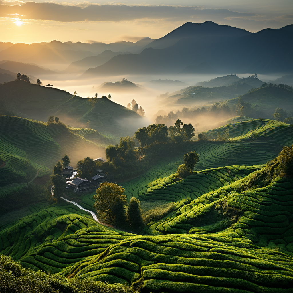 Beautiful foggy Chinese tea fields in sunlight