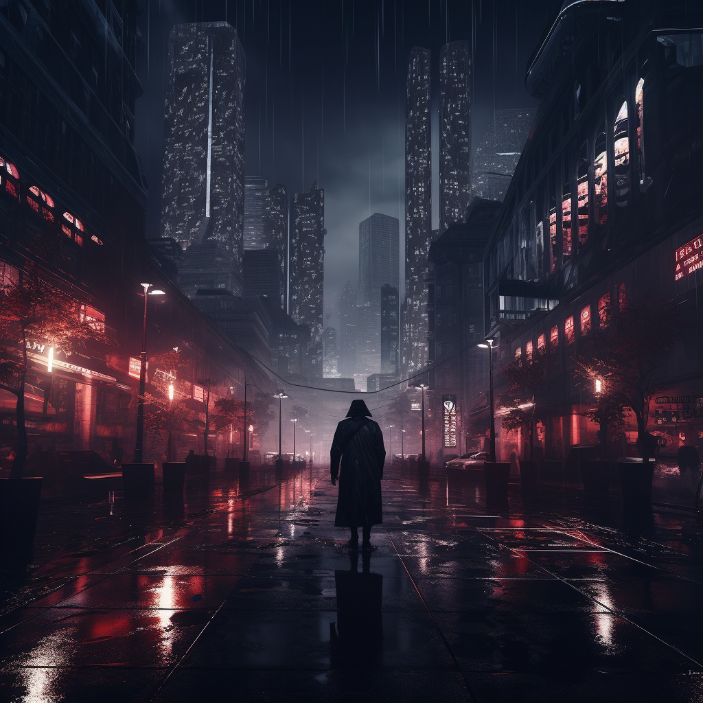 A stunning view of a foggy cyberpunk city at night