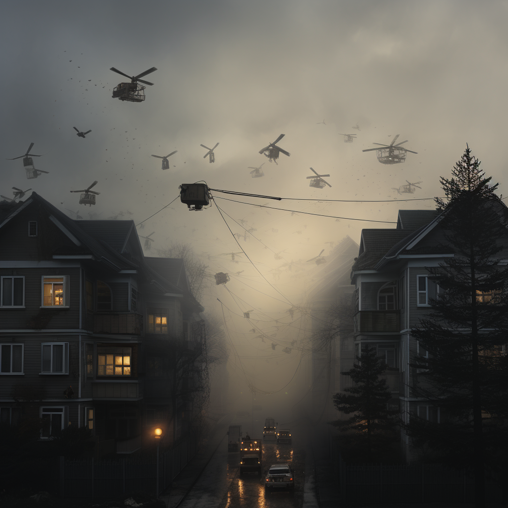 Mosquitoes flying around houses in foggy evening