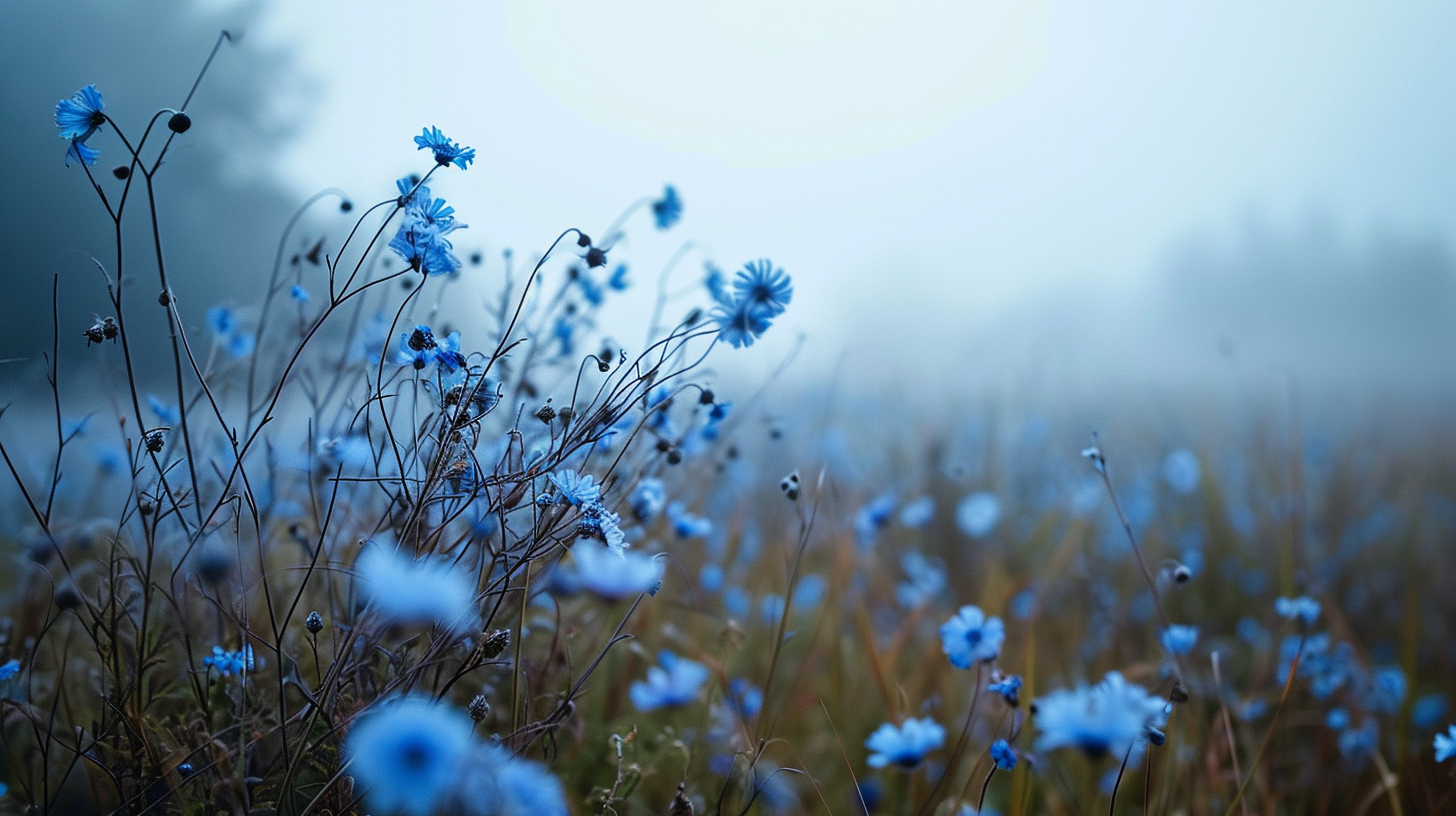 Beautiful blue flowers in a foggy field