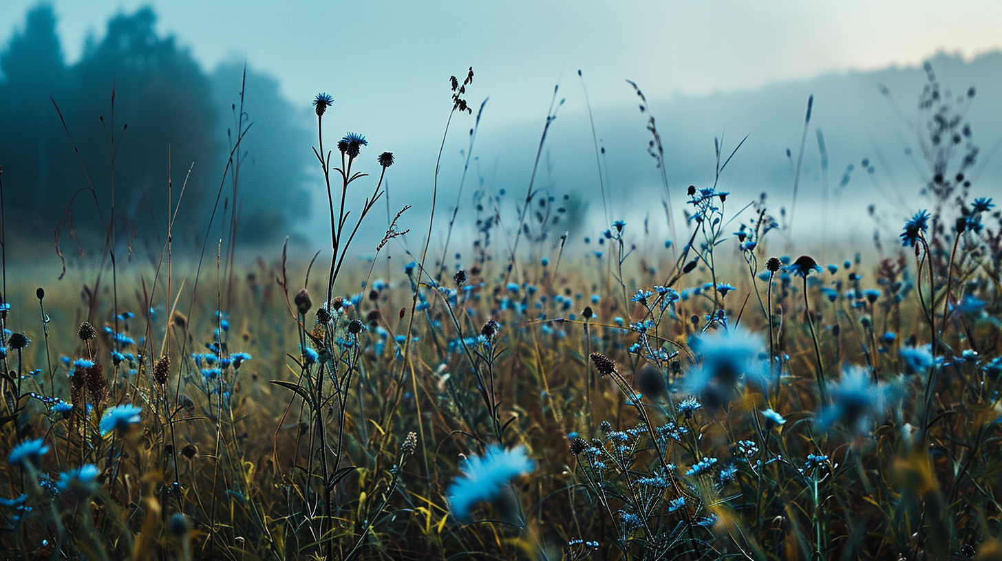 Foggy field with small blue flowers